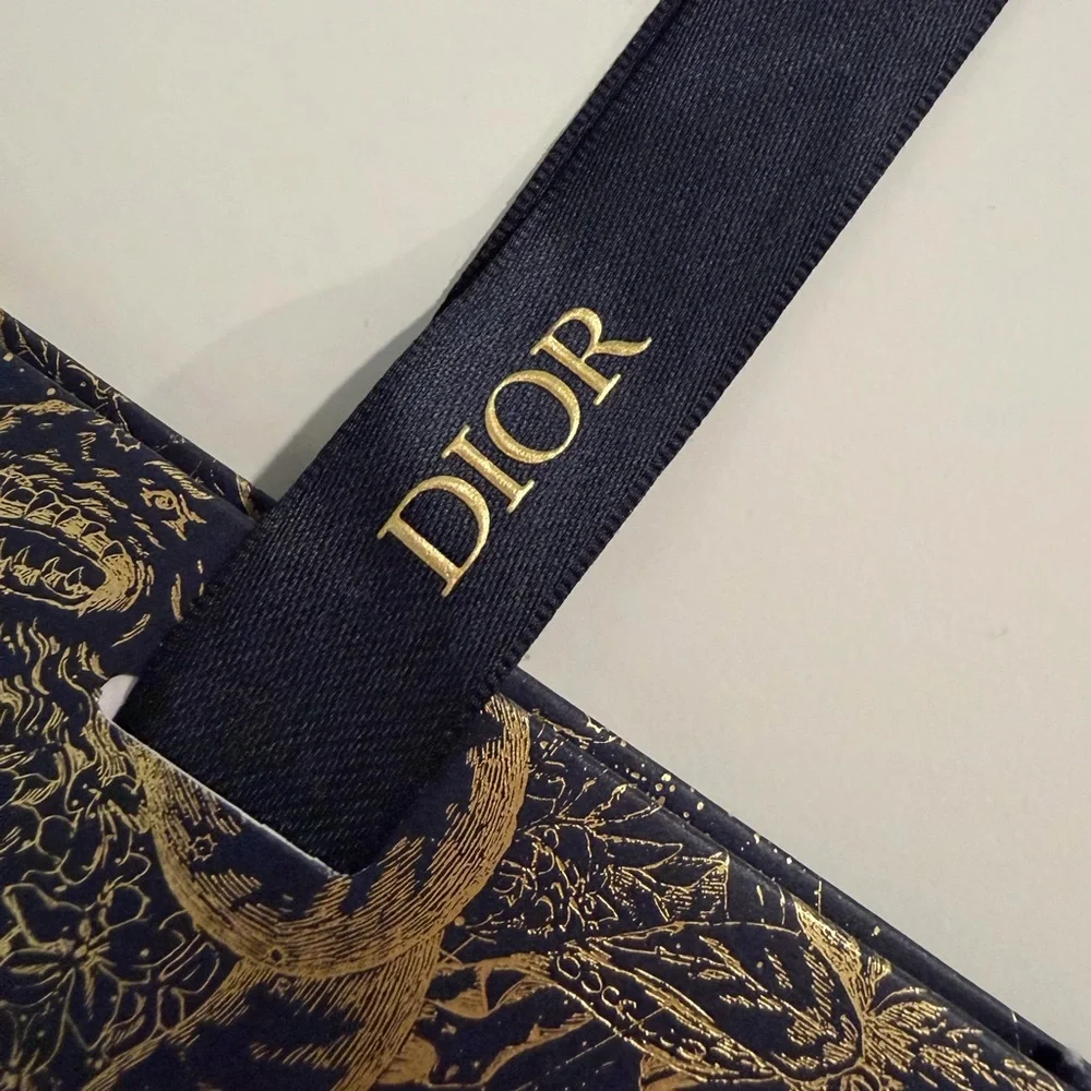 LIKE NEW! Dior Navy & Gold Gift Bag w/ Logo Ribbon | 5.5 x 7.5 inches